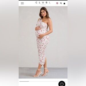 Club L // Late Night | Rose Printed Maternity Ruched One Shoulder Midi Dress
